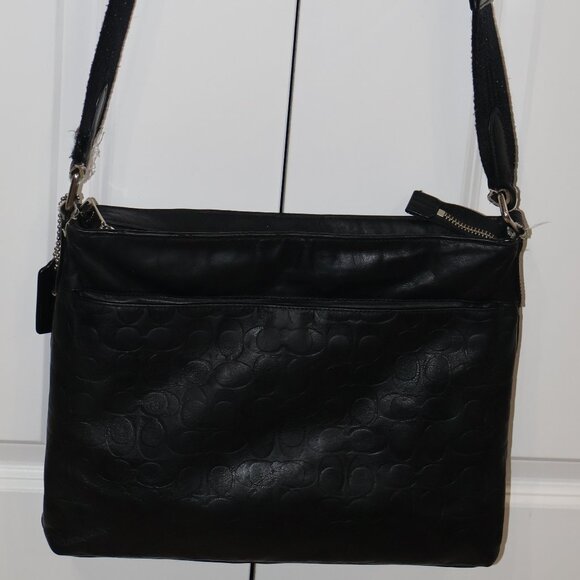 Coach Black Leather Signature Logo Charm Inner Pocket Zipper Crossbody Handbag - Picture 12 of 13